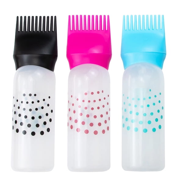 Framendino Paquete de 3 botellas aplicadoras de peine de raíz con escala graduada, cepillo aplicador de botella de plástico colorido para tinte para el cabello, salón en casa, 6 oz