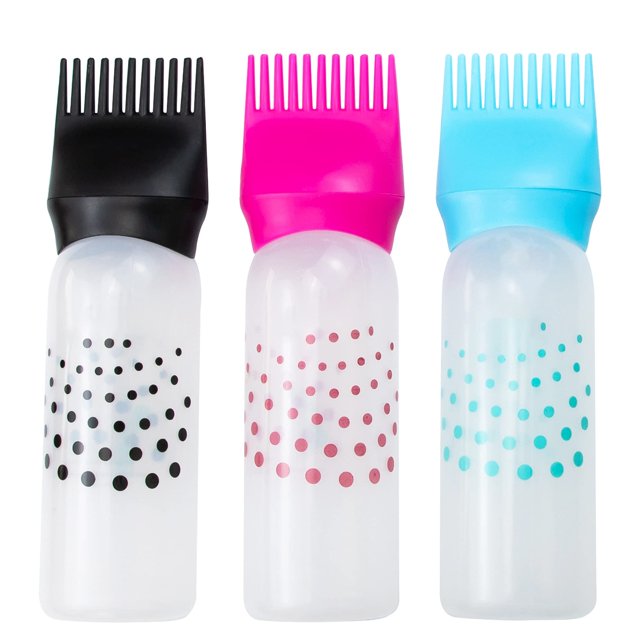 Framendino Paquete de 3 botellas aplicadoras de peine de raíz con escala graduada, cepillo aplicador de botella de plástico colorido para tinte para el cabello, salón en casa, 6 oz