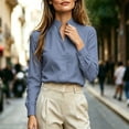 thumbnail image 5 of office Business Women Stand Split V Neck Linen Pullover Blouse, Long Sleeve Lightweight Solid Casual Work Top Blue-A L(L), 5 of 7