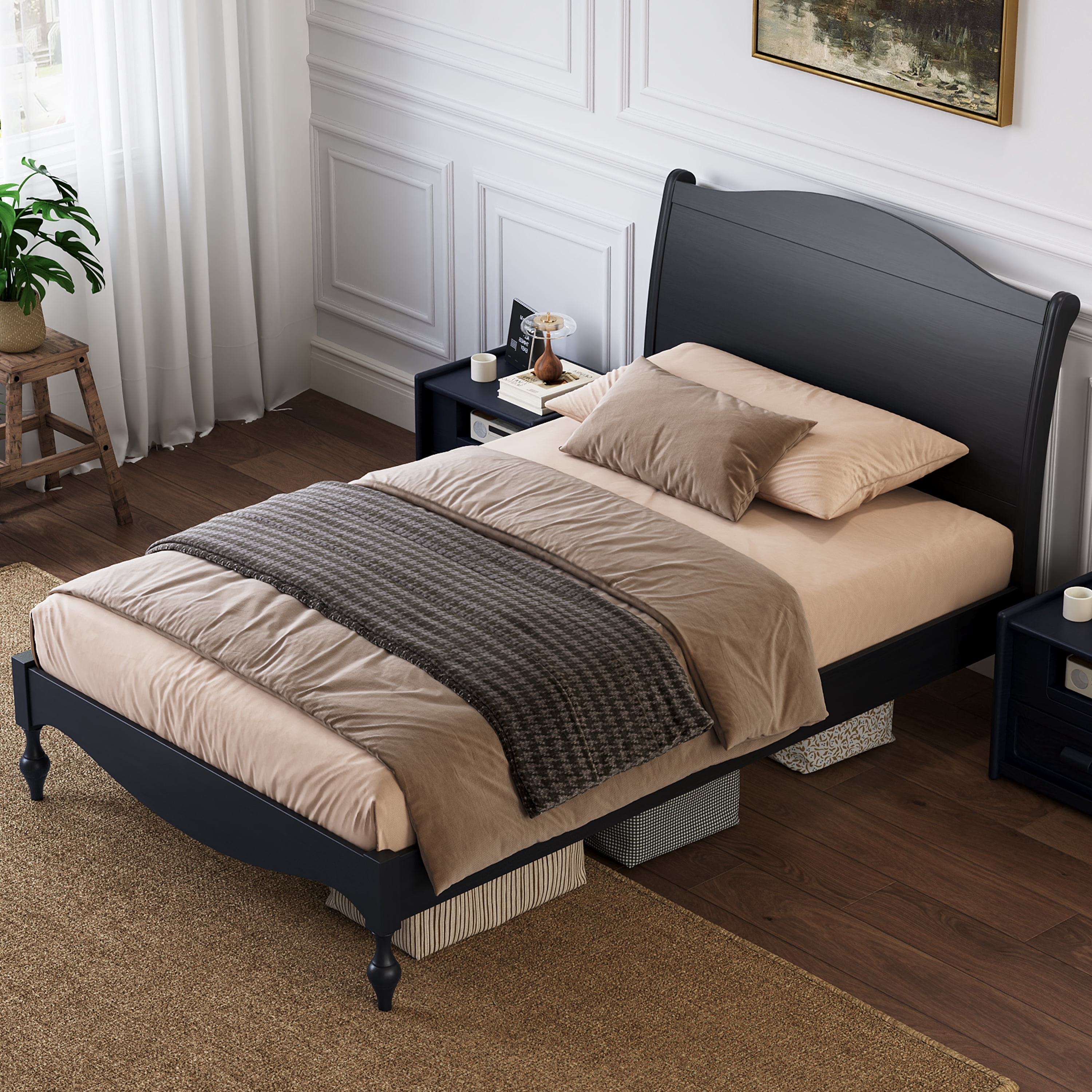 Euroco Wood Full Size Platform Bed with Traditional Arched Headboard, Vintage Bed Frame, No Box Spring Needed, Black