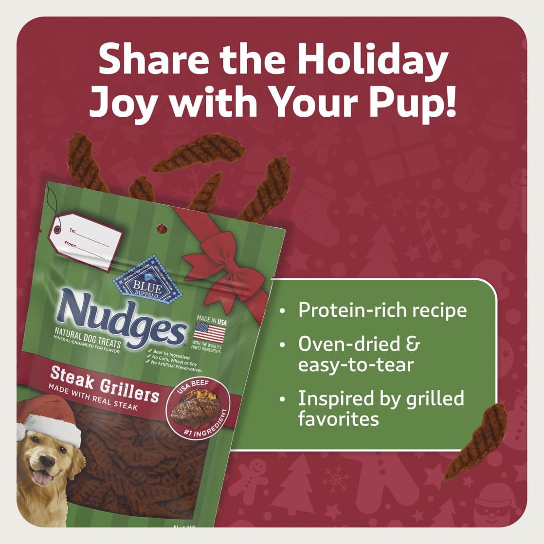 (2 pack) Blue Buffalo Nudges Steak Grillers, Natural Holiday Dog Treats, Beef, 5oz Bag