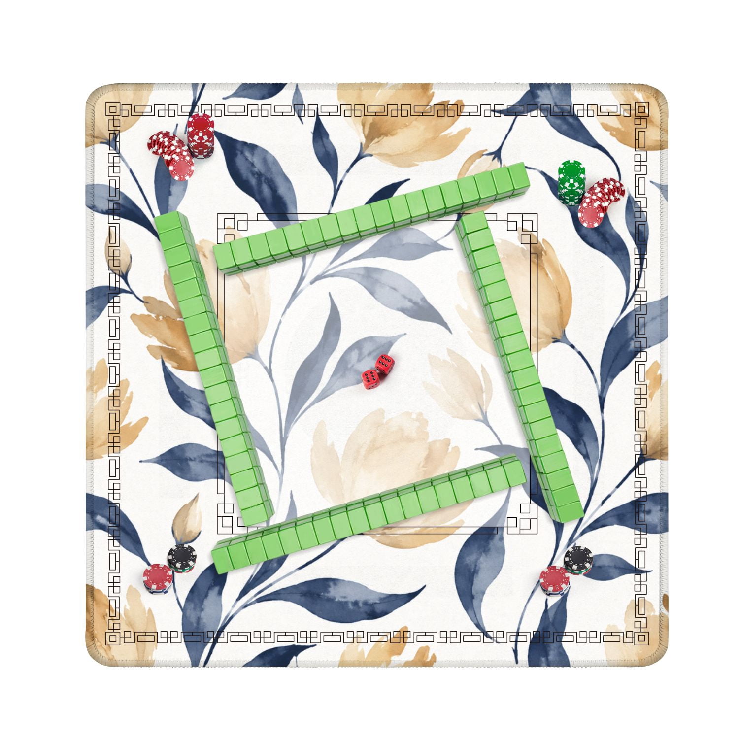 Mahjong Mat 31.5" x 31.5" Elegant Watercolor Floral Beige Tulips Navy Blue Leaves Non-Slip Noise Reduction American Mahjong Tiles Table Cover for Dominoes Poker Card Board Games Gift