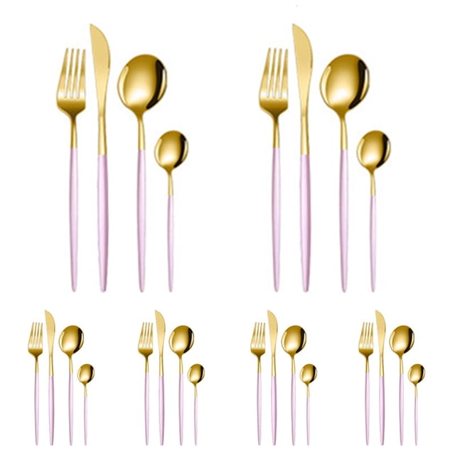 Juego de cubiertos dorados de 24 piezas, juego de cubiertos para 6, juego de cubiertos de acero inoxidable, incluye cucharas, tenedores y cuchillos, cubiertos de cocina para el hogar, la oficina, el