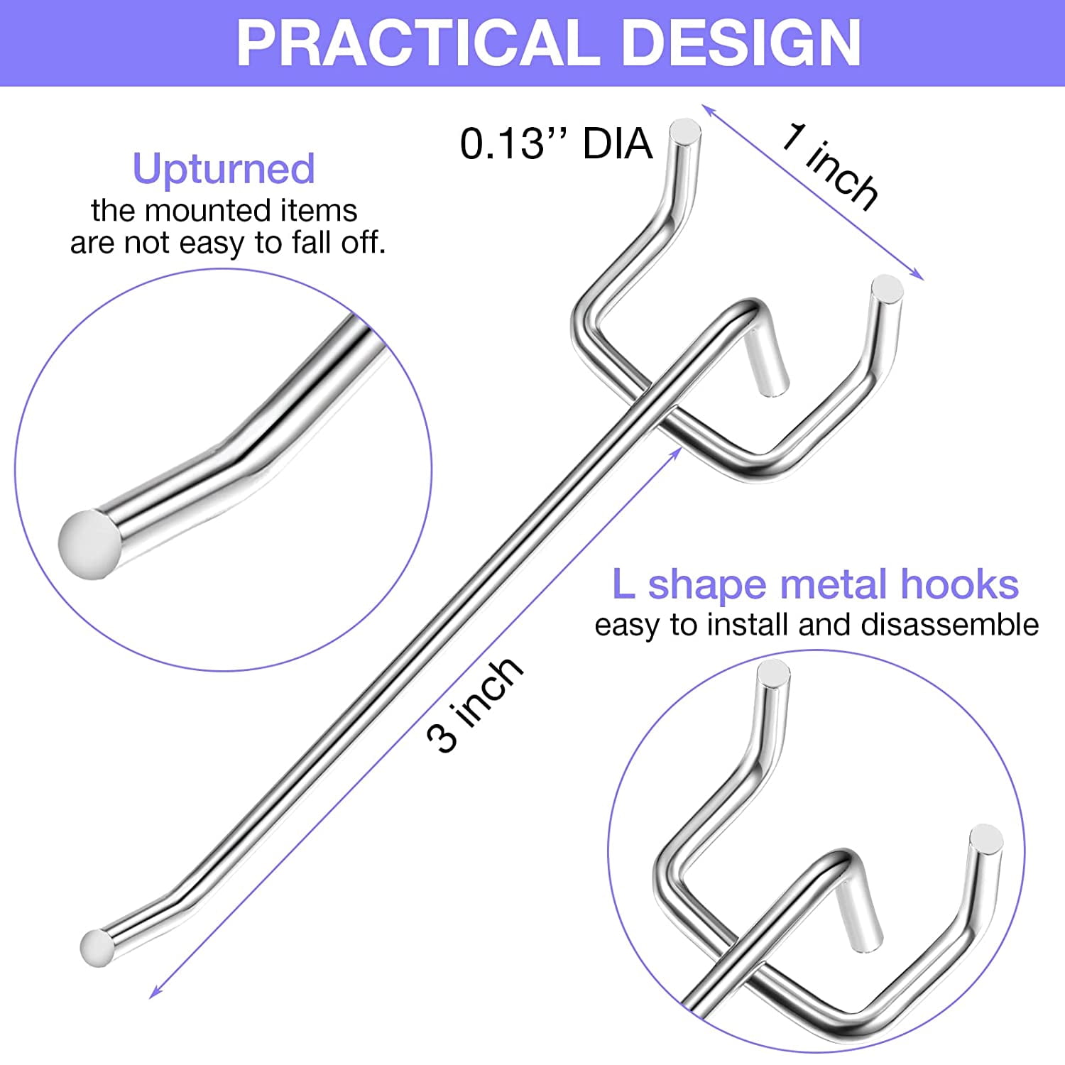 100 Pack Pegboard Hooks 3 Inch Metal Display Hooks Suitable for 1/8 Pegboard Accessories for Garage, Office, Kitchen, Store Silver Silver