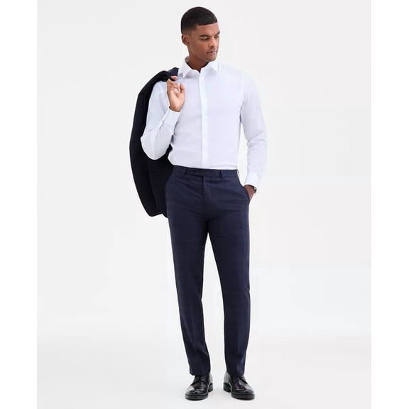 Calvin Klein Mens Slim fit Dress Pants 36 / 32 Navy Blue Plaid Stretch