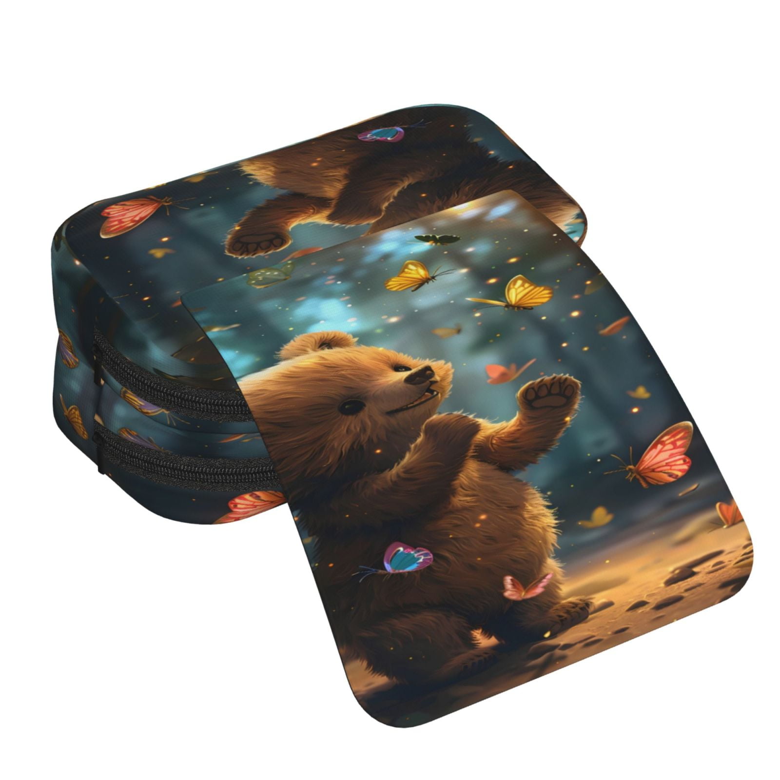 Rateoe Cute Butterfly Bear Pattern Double Clamshell Pen Case, Storage Organizer with Two Zipper Compartments– Holds Up to 50 Pencils & Pens