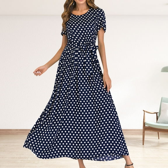 Patlollav Womens Round Neck Short Sleeve Beach Polka Dot Bandage Long Maxi Dress