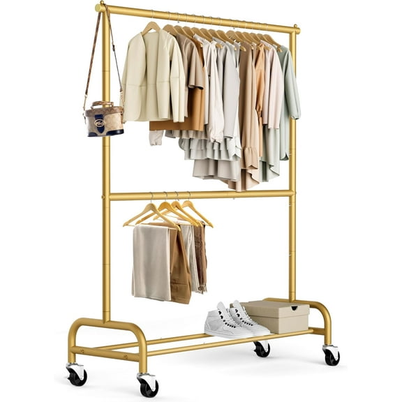Gold Clothing Racks for Hanging Clothes Heavy Duty Clothes Rack Double Garment Rack Metal Rolling Coat Rack Closet Wardrobe Rack on Wheels