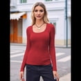 thumbnail image 4 of Camisas de Larga con Cuello Redondo para Mujer, Blusas Informales de Punto Acanalado de Corte Ajustado, Camisetas Básicas de Trabajo para Verano y Otoño. Rojo M, 4 of 9