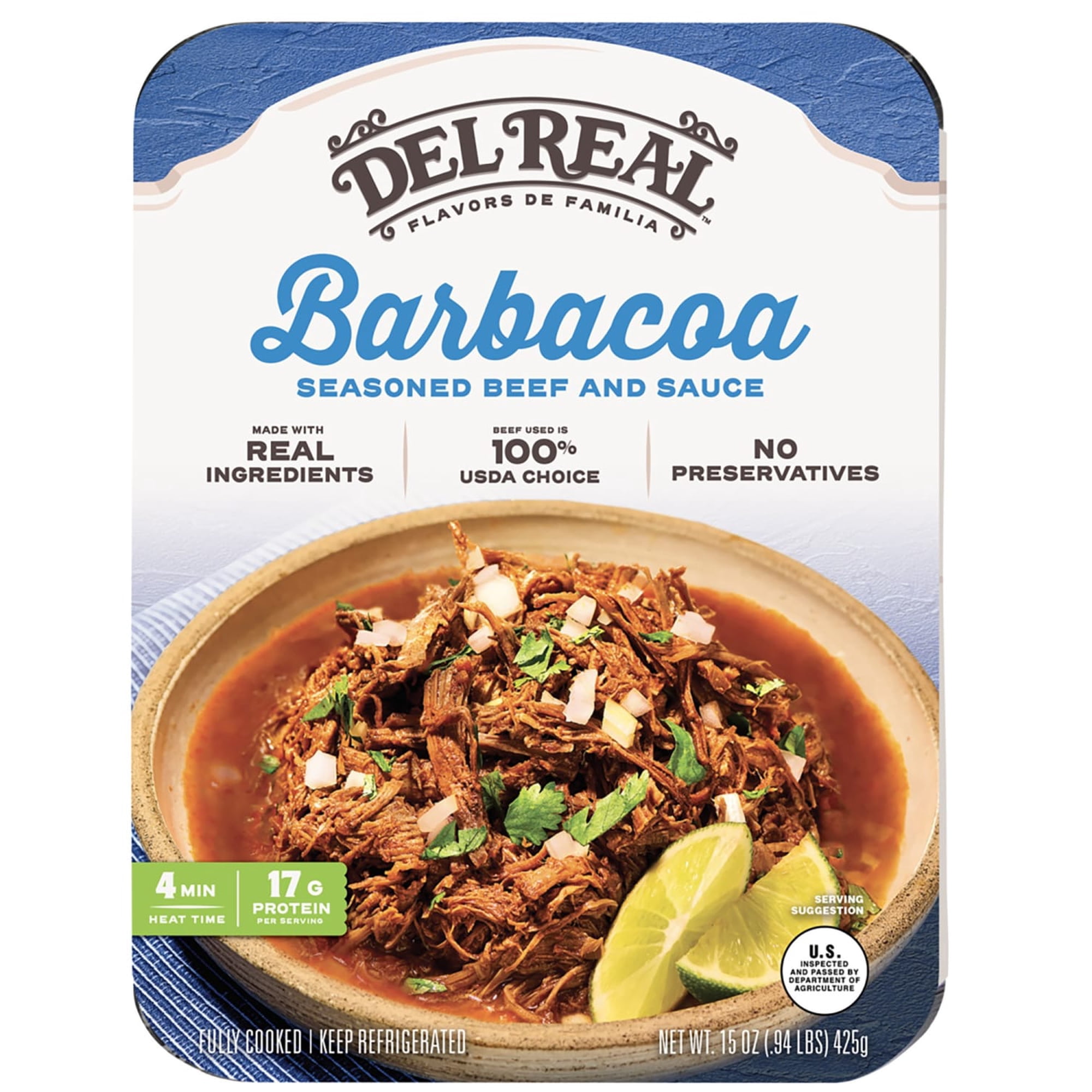 Del Real Foods Slow Cooked Beef Barbacoa, 15 oz (Cooked)