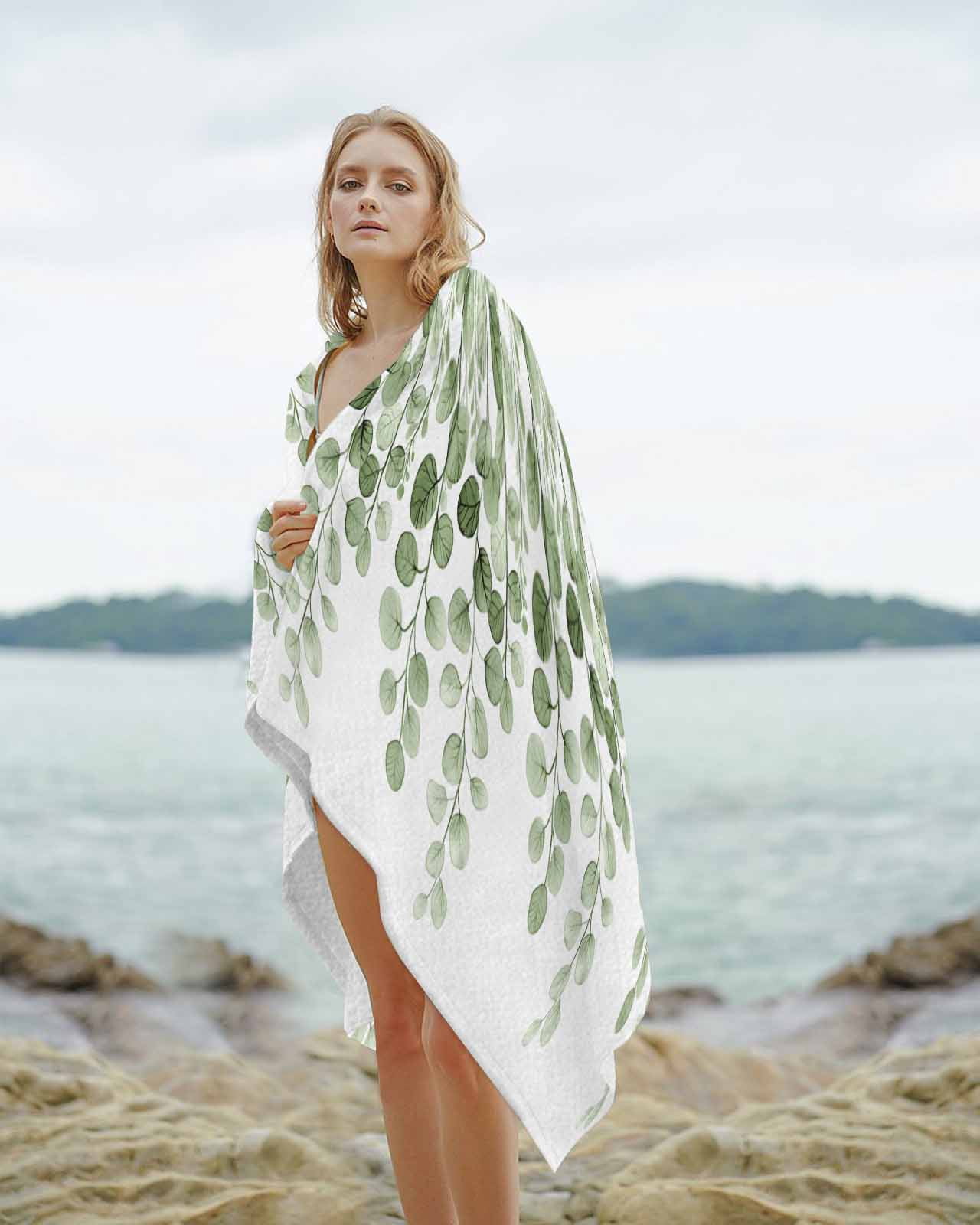 Sage Green Eucalyptus Leaves Beach Towels Oversized Super Absorbent, Spring Country Botanical Lightweight Bath Towel Quick Dry Sets For Bathroom/Pool/Rv Camping/Beach Play/Gym Room/Picnic 30"x60"