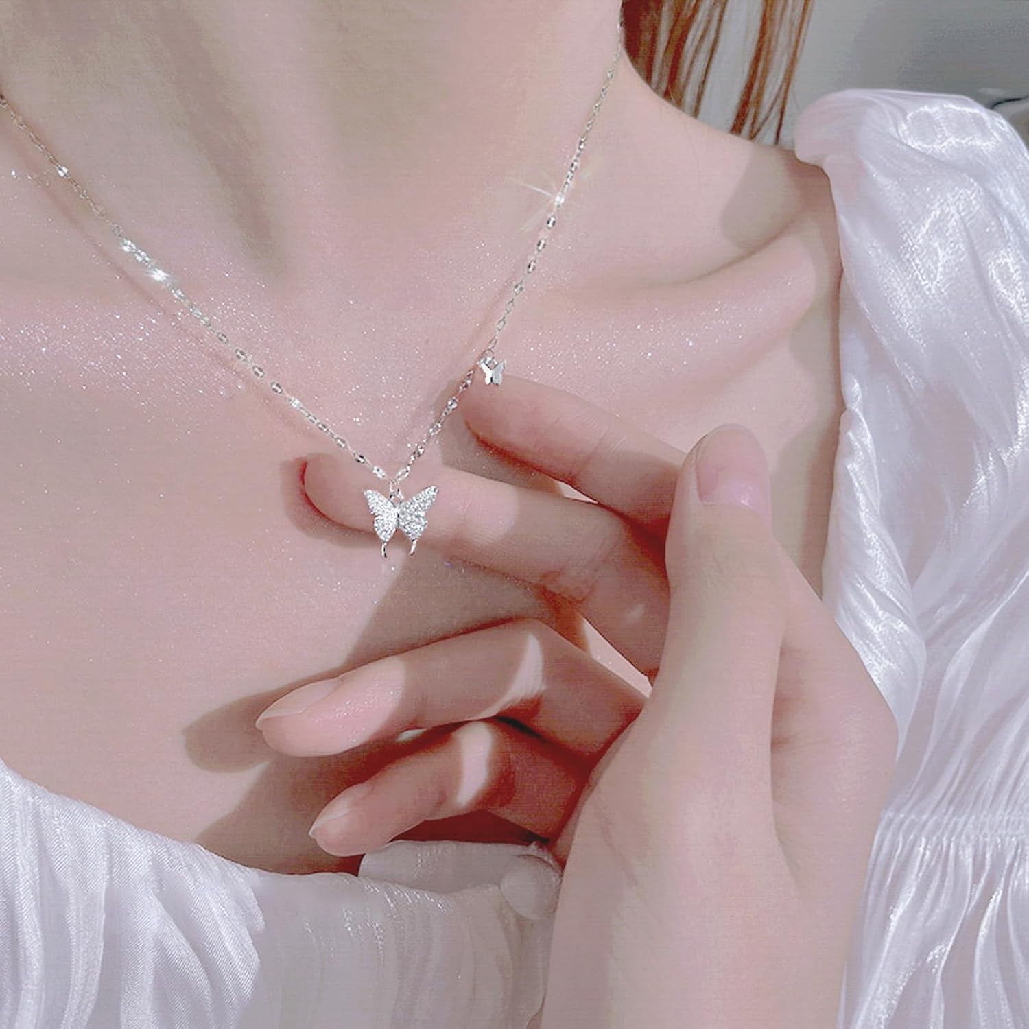 Butterfly Necklace for Women, 925 Sterling Silver Dainty Double Butterfly Pendant Necklace with Cubic Zirconia, Cute Choker Necklaces Jewelry Gifts for Women Mom Friends Grandma