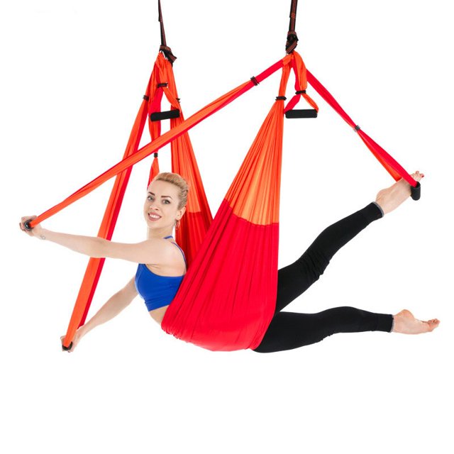 6 Handles Aerial Yoga Hammock Flying Swing Anti-gravity Yoga Pilates Inversion Exercises Device Home GYM Hanging Belt 20 ColorsSky blue black He Qiyong unisex