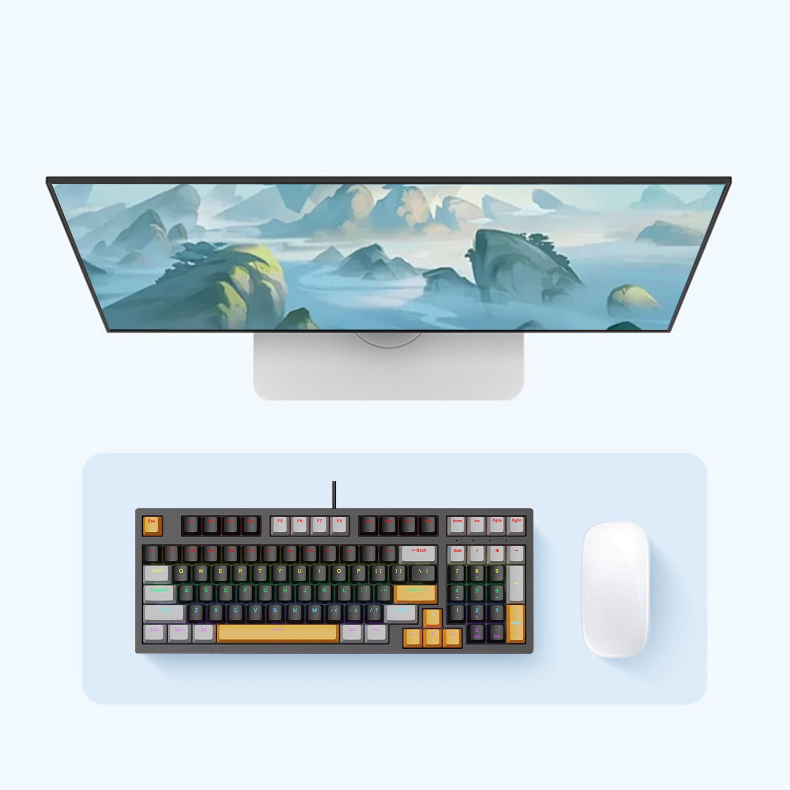 AuroraX 98 Keys Gaming Keyboard LOL Wired C-Type Ergonomic Keyboard Gray RGB Lighting Mechanical Keyboard