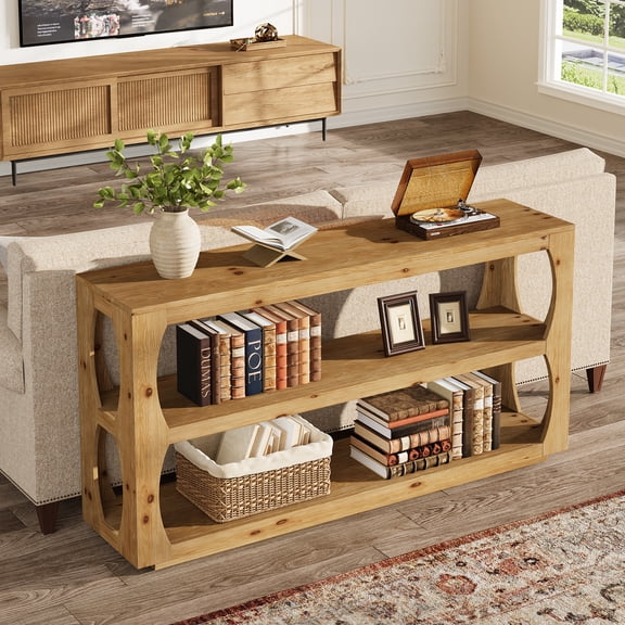 Finmind Solid Wood Console Table, 63 inch Long Farmhouse Narrow Entryway Sofa Table with 3-Tier Storage for Hallway, Living Room, Light Brown
