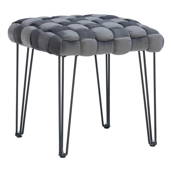 Linon Henson Square Stool Black Hairpin Legs Basketweave Seat in Gray Velvet