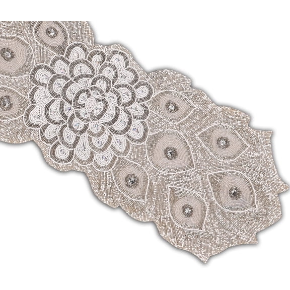 Peacock Feather Design Table Topper, Handmade Beads Table Runner, Designer Tableware 13X36 Inch