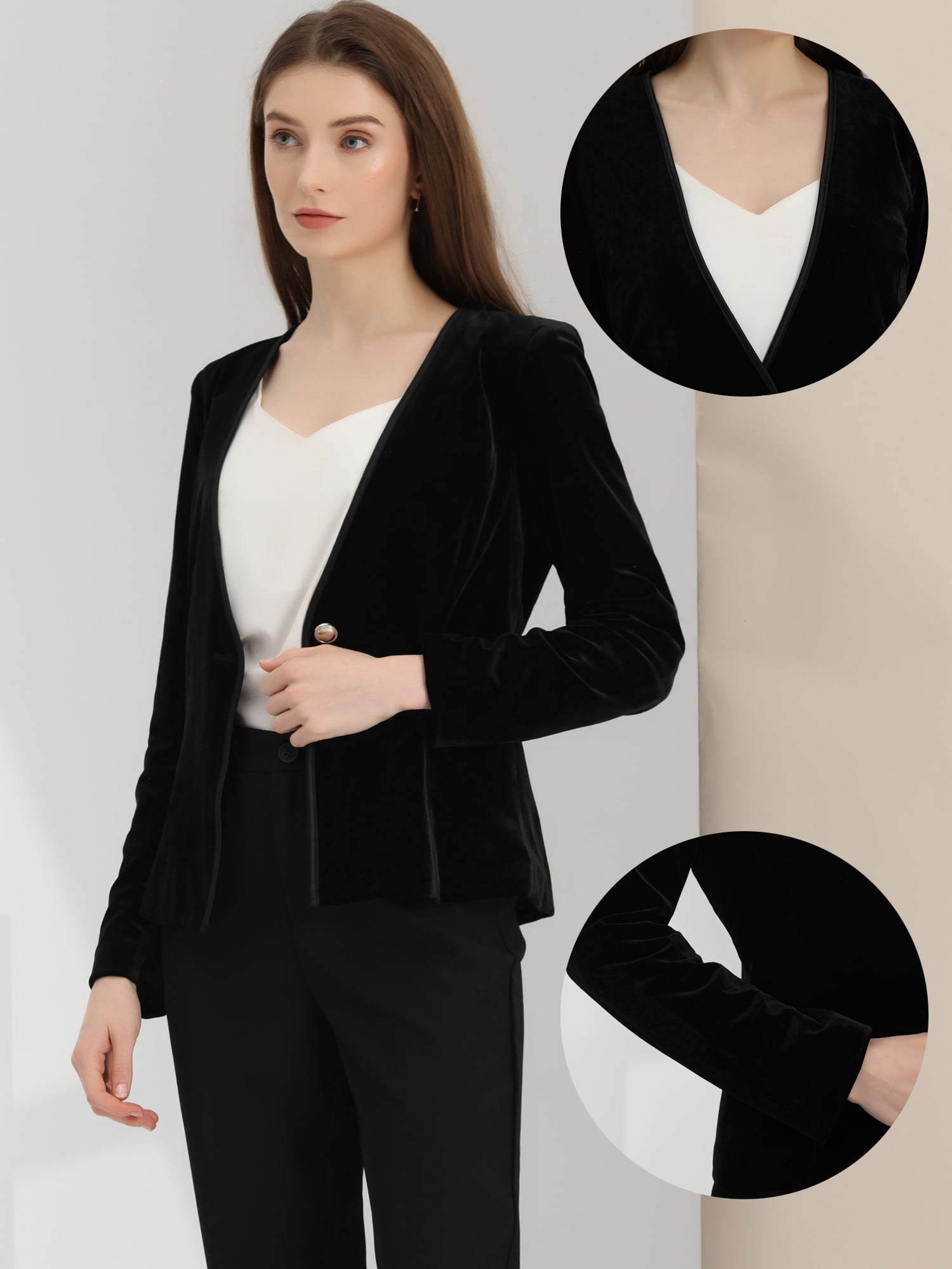 DARING DIVA Women's Long Sleeve Office Collarless 1 Button Velvet Blazer M Black