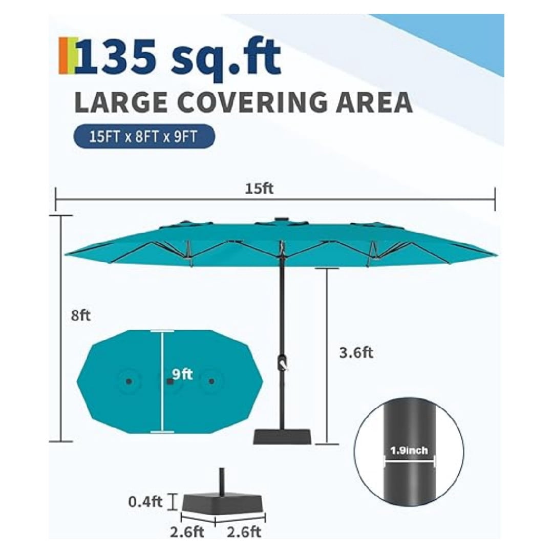 Heavy Duty 15FT Patio Umbrella with Weighted Base - Double-Sided Sun Shade for Outdoor Dining, Poolside, Backyard (Crank Handle, UV Blocking Fits 2-8 People)