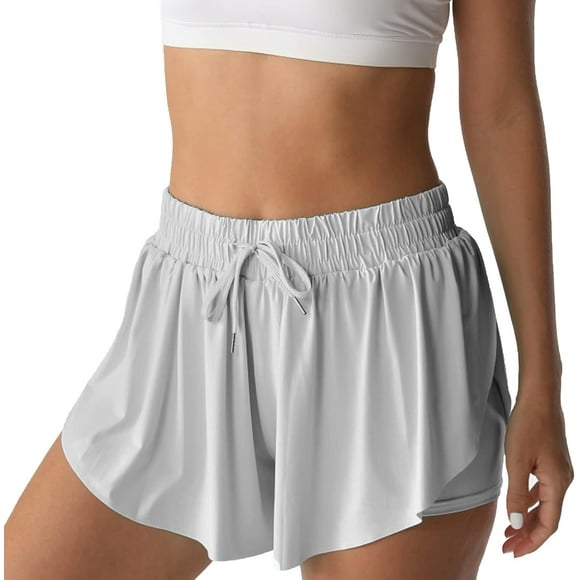 Shorts de Sport pour Femmes Court de Tennis Papillon Filles 2-en-1 Double Couche à Séchage Rapide Shorts Confortables Gris Clair Moyen