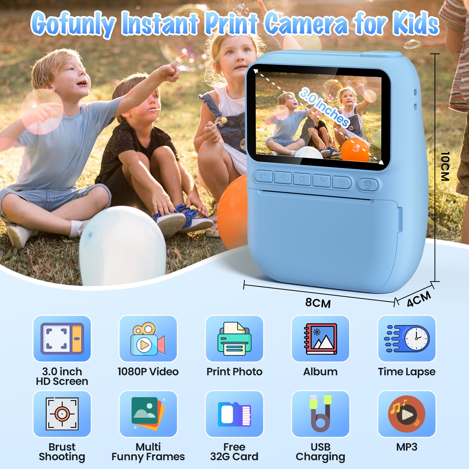 Instant Print Camera for Kids, 3.0" HD 1080P Digital Video Instant Camera for Boys & Girls Age 3-12 Birthday Gifts - Blue