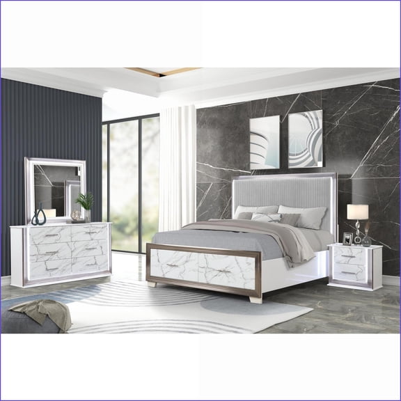 Bedroom Set Queen 4-Piece Modern | LED Bed, Marble Storage, Metallic Trim | Wood | Standard Beds