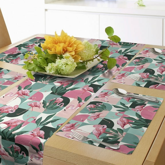 Ambesonne Flamingo Table Runner & Placemats, Modern Tropical Bird Art, Placemat 4 pcs Runner 12"x72", Turquoise Pink