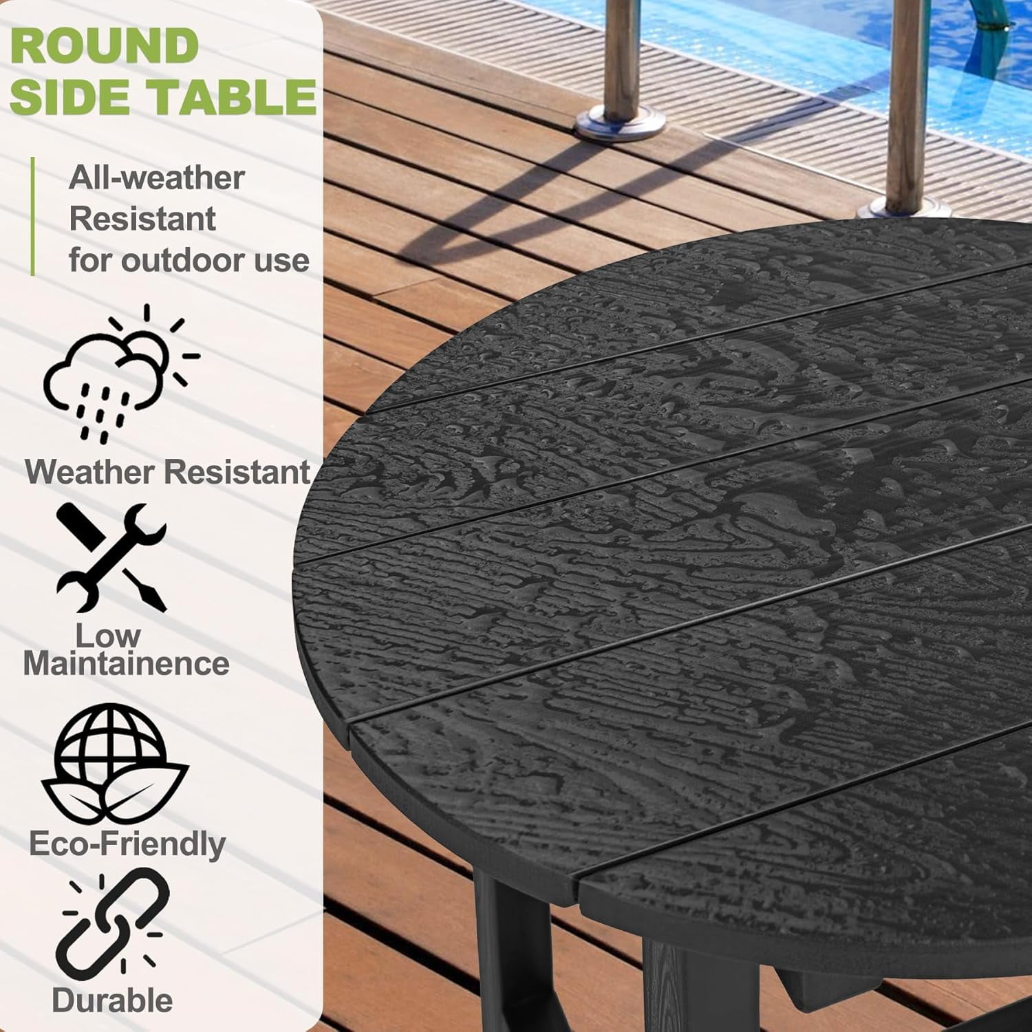 Y&M Outdoor Side Table, Waterproof Four-Legged Round Entryway End Table, Single-Tier HIPS Modern Small Coffee Nightstand for Bedroom, Living Room, Patio, Indoor or Outdoor Use, Black