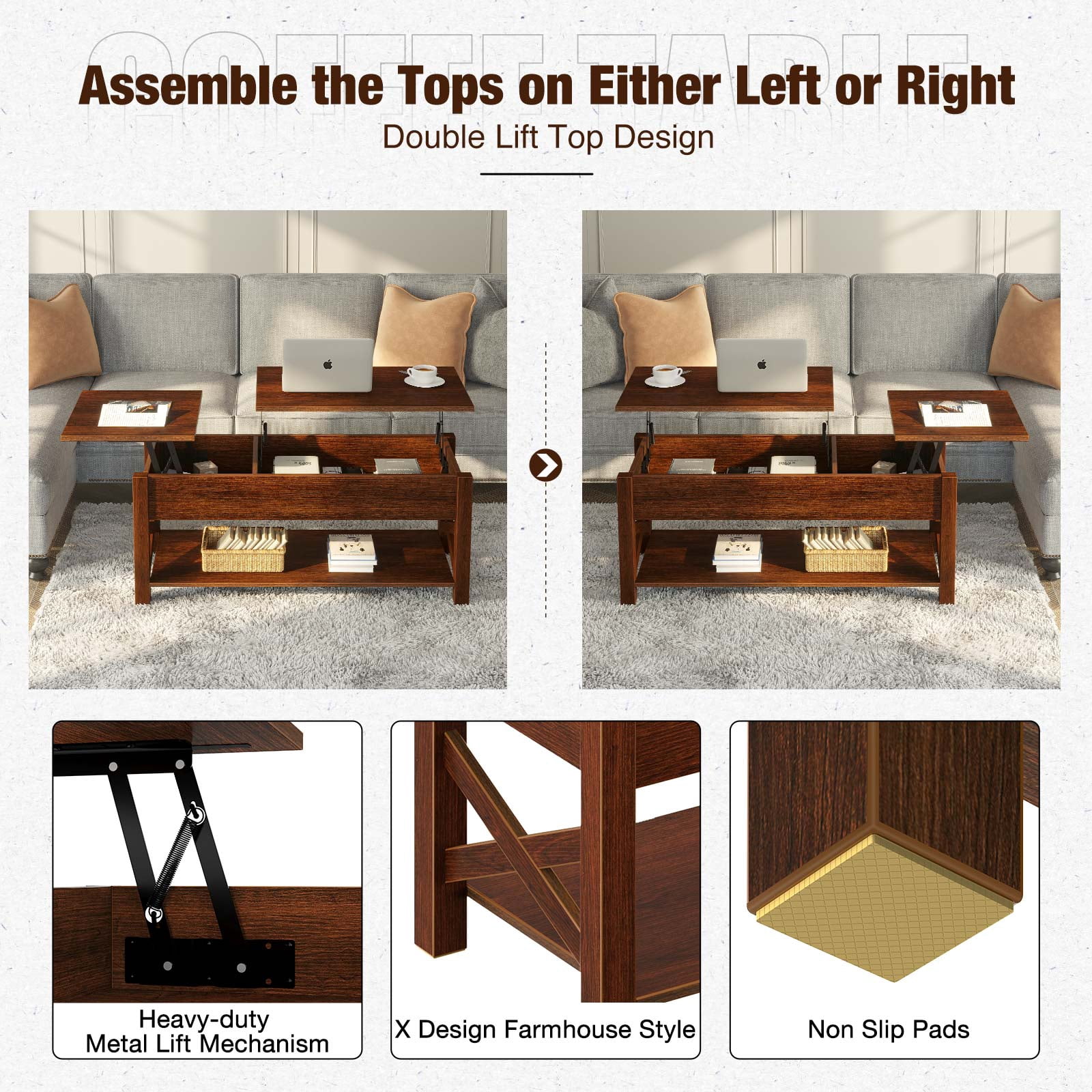 Greenstell Lift Top Coffee Table with Drawer and Hidden Compartment, 43.8 Inch, Espresso