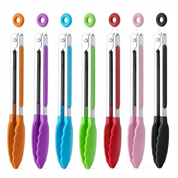 7 Pack Kitchen Tongs, Colorful Food Tongs with Non-Slip Handles, Cooking Tongs for BBQ, Grilling, Serving, Assorted Colors
