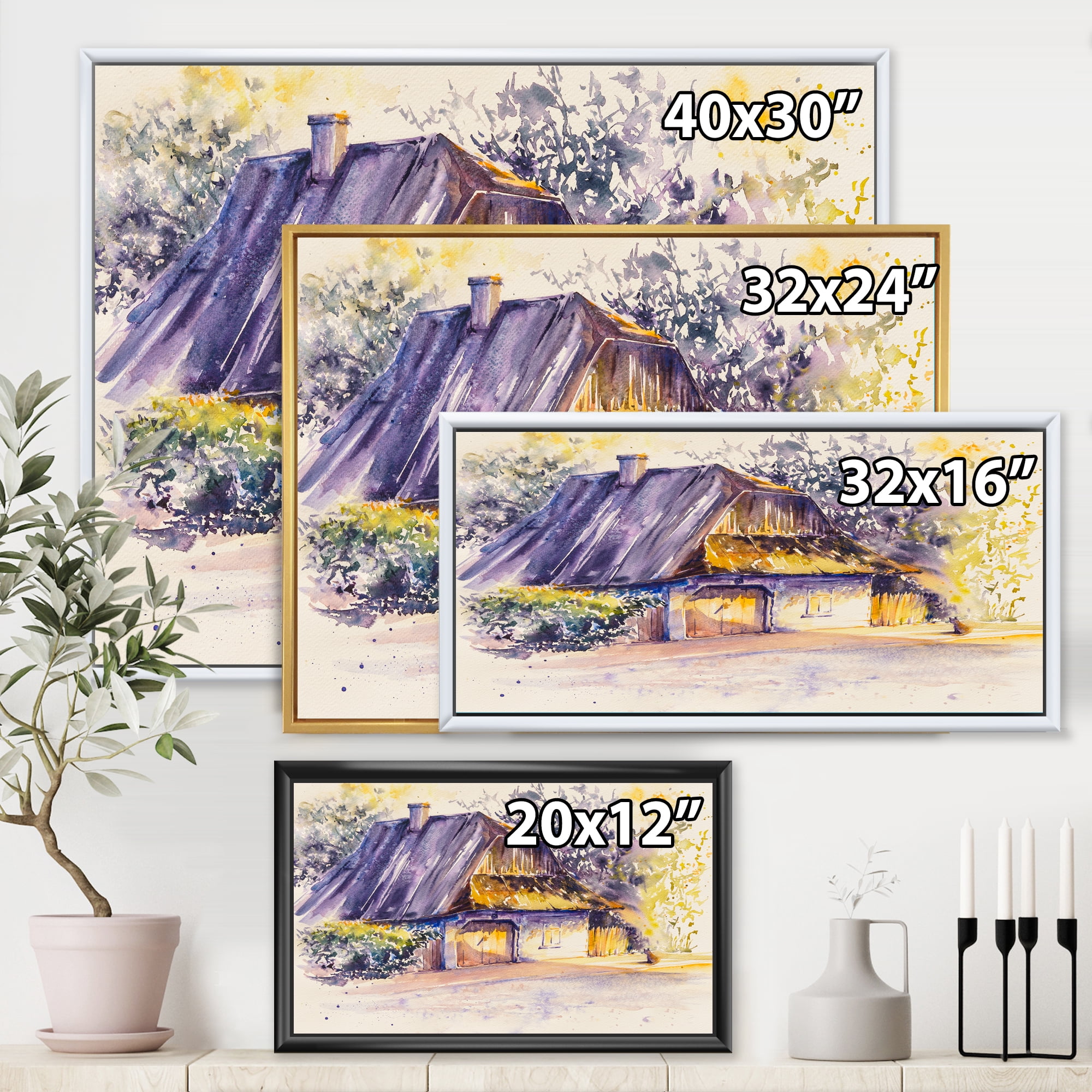 Designart 'Old Wooden White House In Country Side Village During Afternoon Glow' Traditional Framed Canvas Wall Art Print
