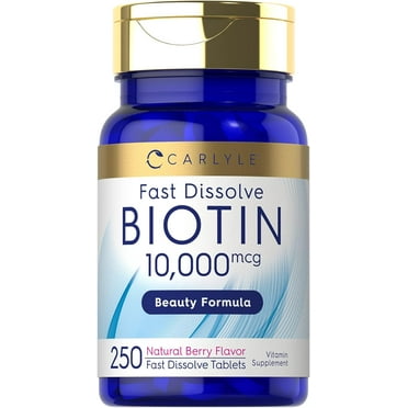 Biotin 10000 mcg | 250 Tablets | Berry Flavor |  Vegetarian, Non-GMO, Gluten Free | by Carlyle