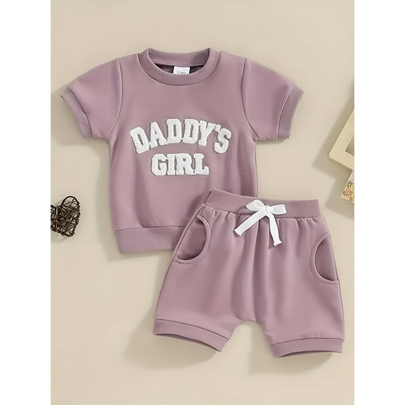 Zehjuhan Infant Baby Girl Short Sleeve Round Neck "DADDY'S GIRL"Letter Pattern Top Shorts 2PCS Summertime Fashion Clothing Set
