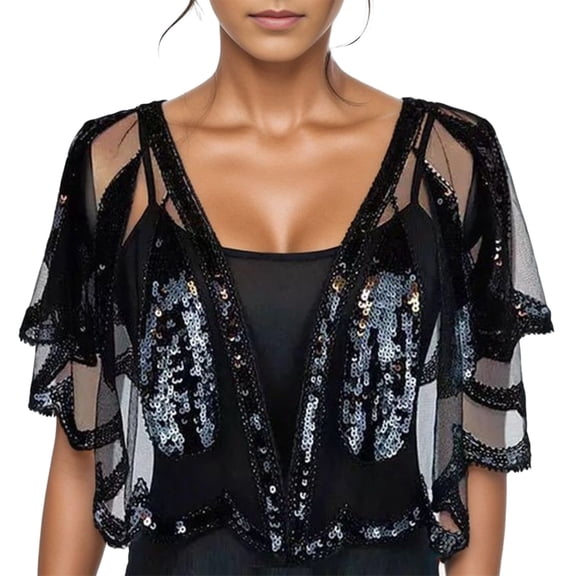 HCYSFG Womens Sequin Embellished Capelet V Neck Sheer Mesh Flutter Sleeve Scallop Hem Cropped Shrug Evening Party Bolero Cover Up