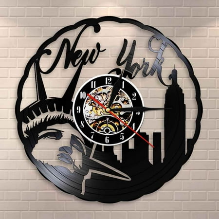 YanGxx New York Skyline Vintage Vinyl Record Wall Clock NYC Statue of Liberty Freedom Wall Art America Travel Gift Home Interior Design