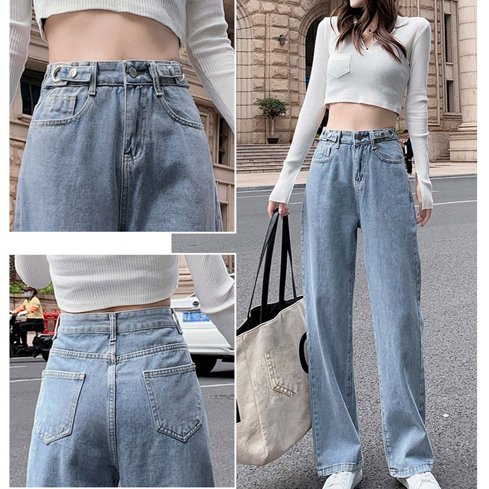 Breniney High Idolize High Trousers Pocket Waist Elastic Pants Jeans Denim  Hole Loose Women's Jeans