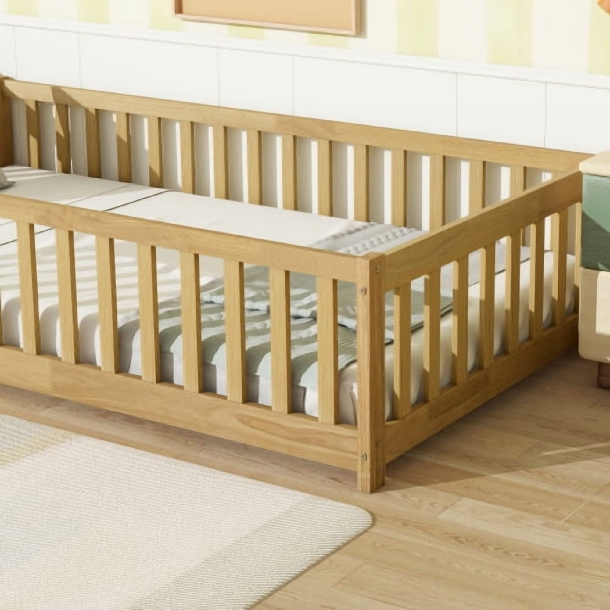 Twin Size Floor Bed with Fence without Door, Rubber Wood Floor Bed with Safety Guardrails,Natural