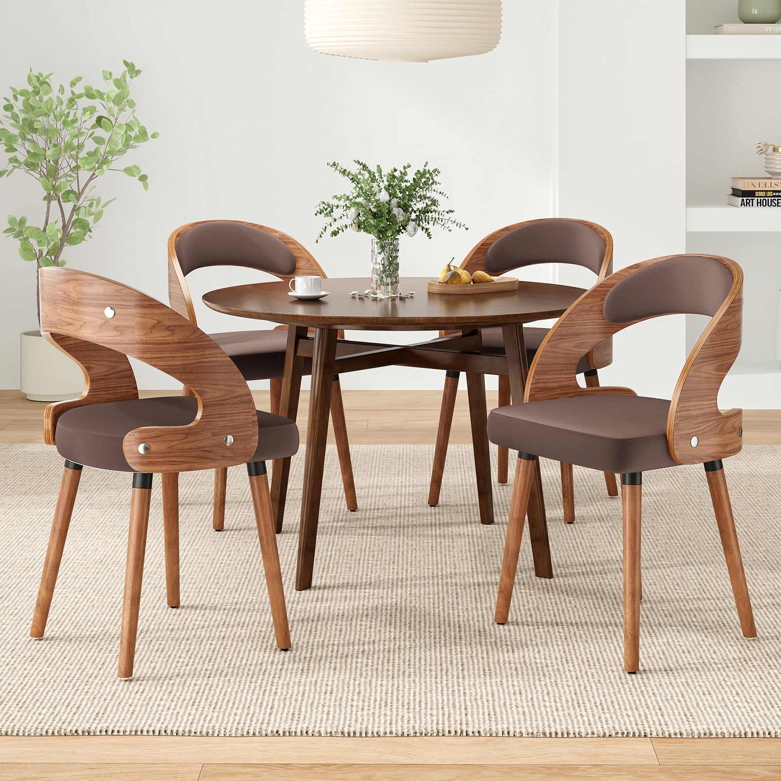 Farini Set of 4 Wood Dining Chairs with Curved Backrest for Kitchen Dining Room, Dark Brown