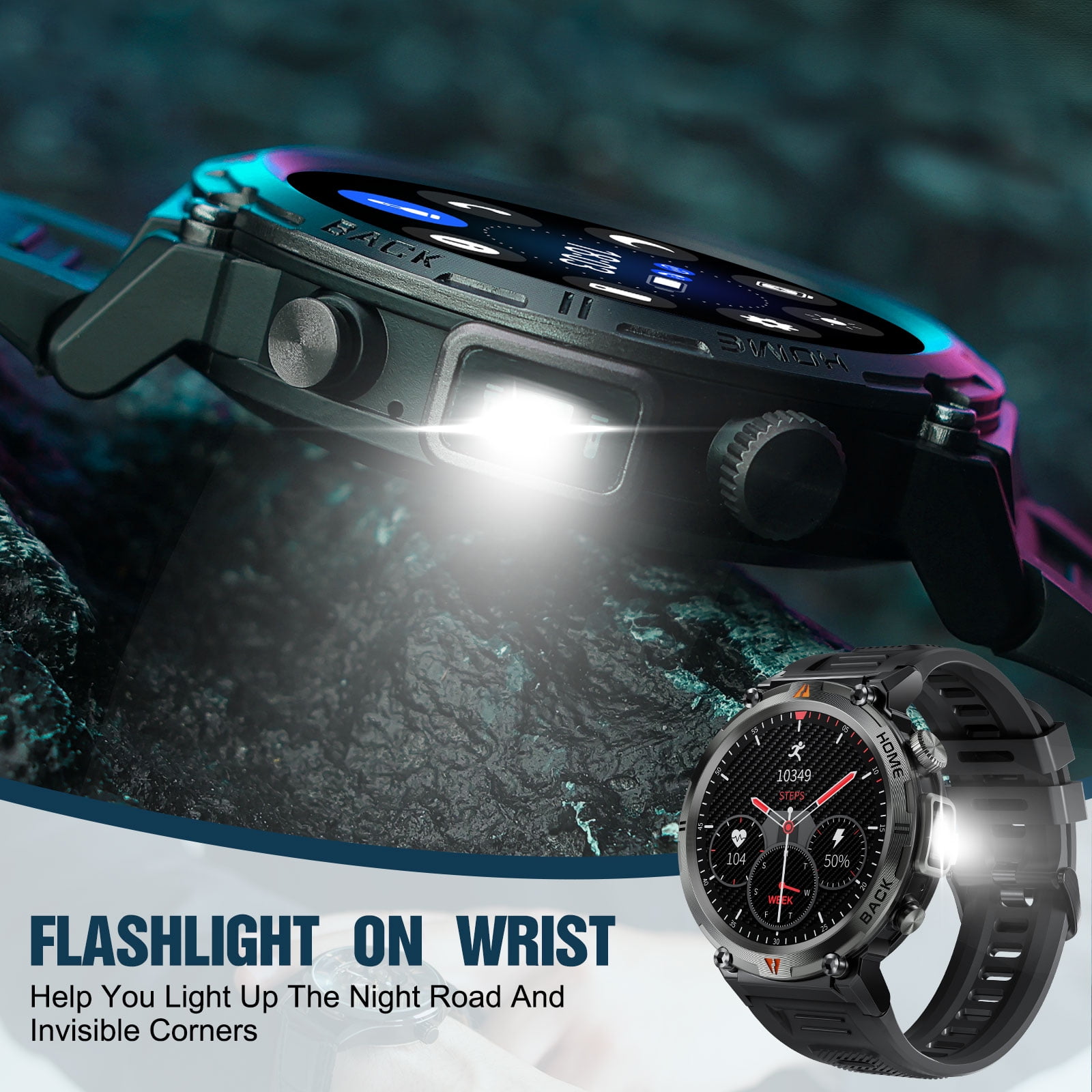 XAXRE 3ATM Waterproof Smart Watches for Men KE3 with LED Flashlight Android Smart Watch Compatible with iPhone(Call Received/ Dial) 1.45" HD 110+ Sports Modes