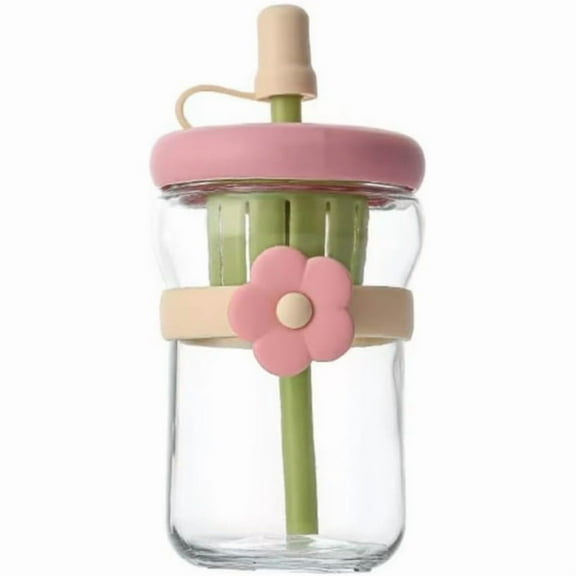 Glass Water Bottles with Straw, Fruit Infuser Bottles, Tumbler with Lid and Straw,Leak-Proof,Drinking Jars,Coffee Cup 500ml (Pink)