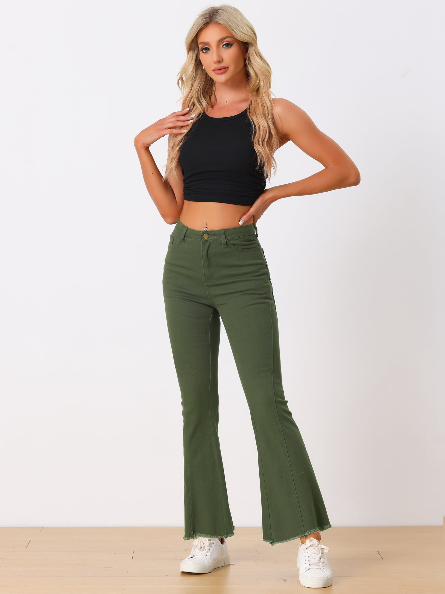 DARING DIVA Women's Flare Denim Pants High Waist Stretch Bell Bottoms Jeans S Army Green