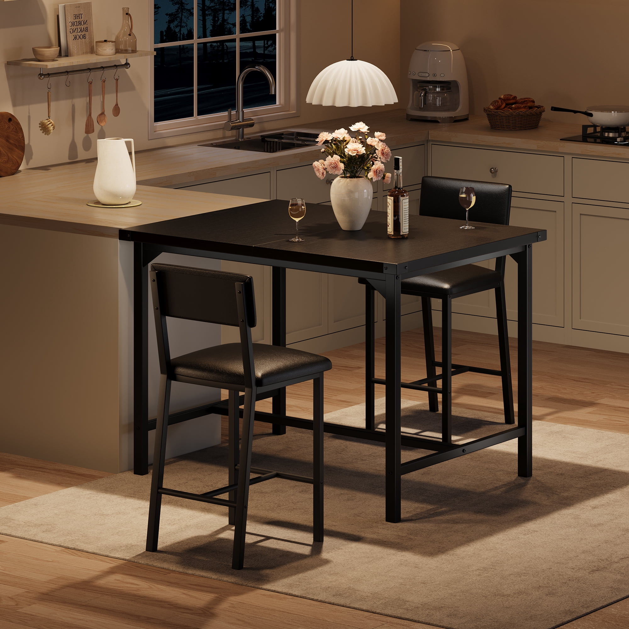 Space-Saving 3-Piece Counter Height Dining Table Set – High Top Table with 2 Upholstered Bar Chairs, Footrest & Backrest – Metal Frame, Corner Protectors – Fits Small Dining Room or Kitchen