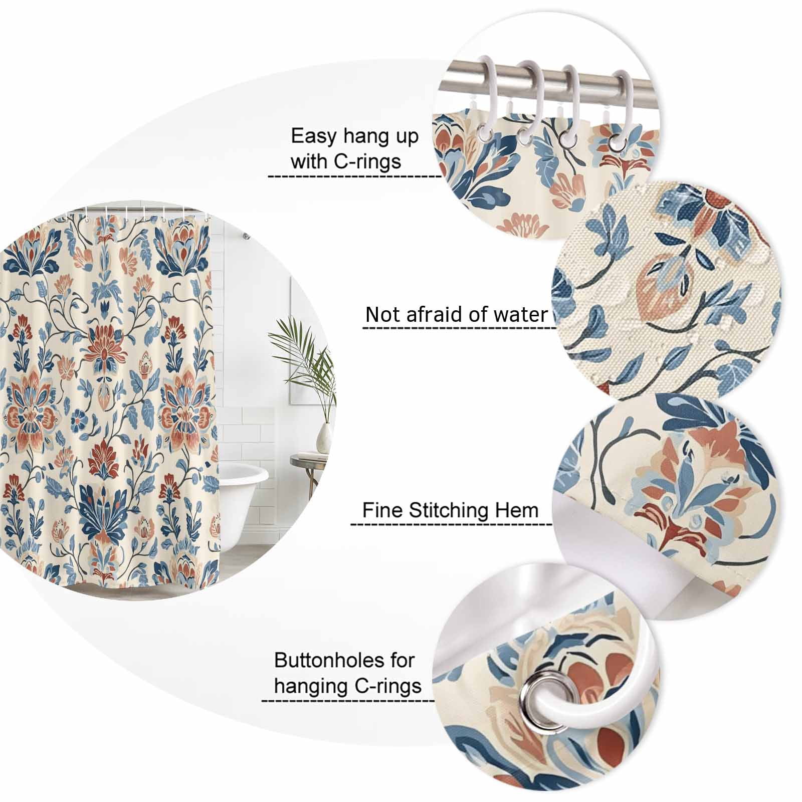 Shower Curtain Bathroom Set Boho Abstract Flower Botanical Waterproof Fabric Shower Curtains with Grommets&Hooks, Retro Ombre Blue Floral Privacy Bath Curtain for Bathtub 72x84in