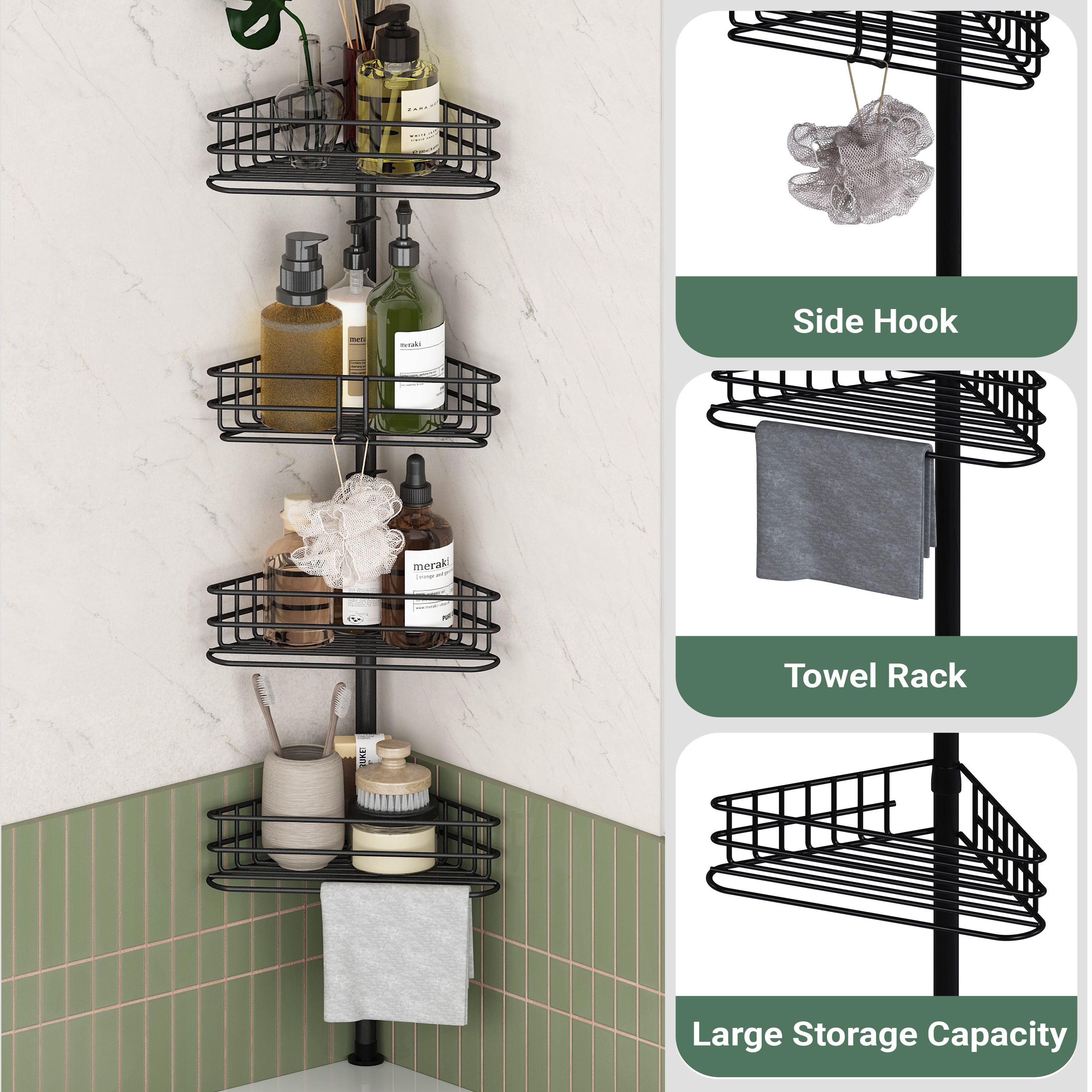 GARITIN Shower Caddy, Bathroom Shower Shelf Organizer, Corner Shower Racks for Inside, 4-Tier Adjustable Shelves with Tension Pole Bath Caddy Storage, Black