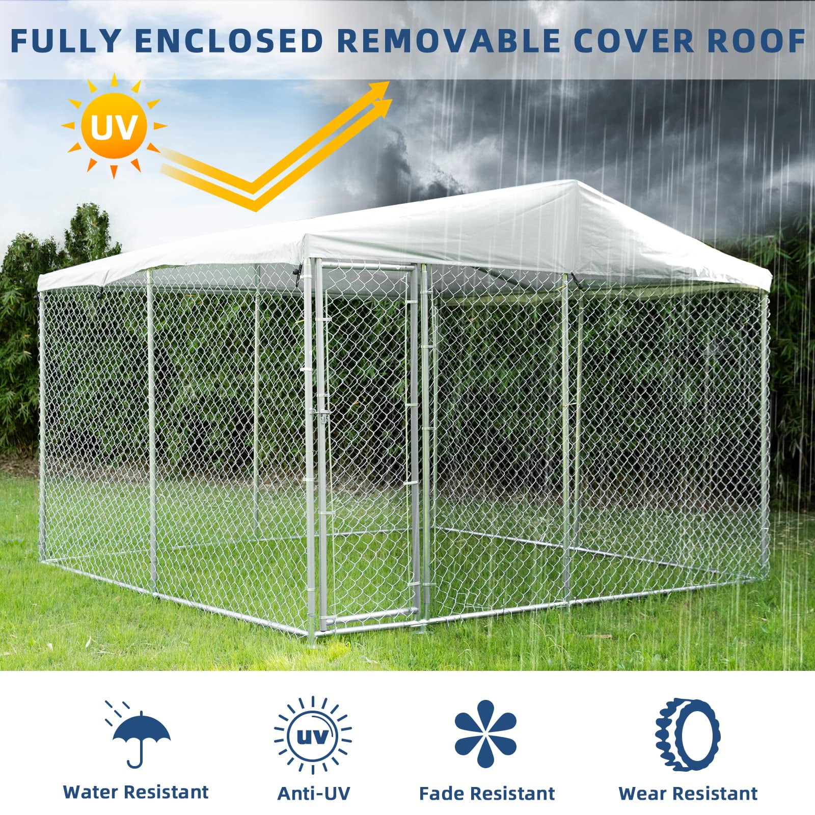 Outdoor Large Dog Kennel, Heavy Duty Dog Cage Pet House Galvanized Steel Fence Dog Playpen Puppy Exercise Pen Dog Run Cage w/UV & Waterproof Cover and Secure Lock (9.84'Lx9.84'Wx7.21'H)