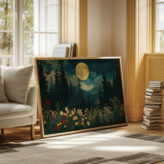 Moonlit Forest Landscape Wall Art - Wildflowers, Pine Trees, And Starry Sky For Nature-Inspired Rustic Home Decor Wall Art, Modern Wall Decor, 8x12 UNFRAMED