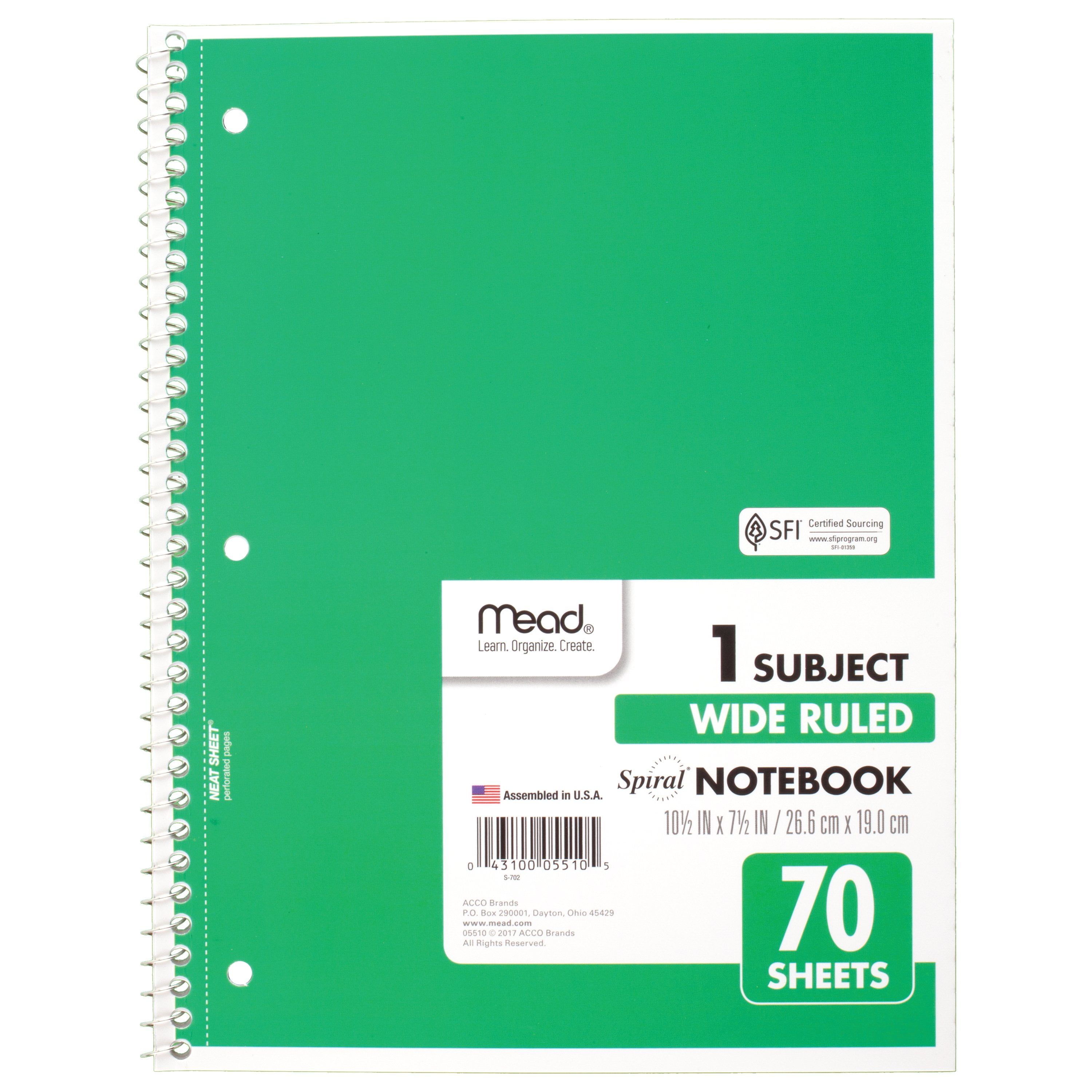 Pack of 5 Spiral Notebooks WIDE Rule 1-Subject 8x10.5" 70 Sheets Cover Colors 