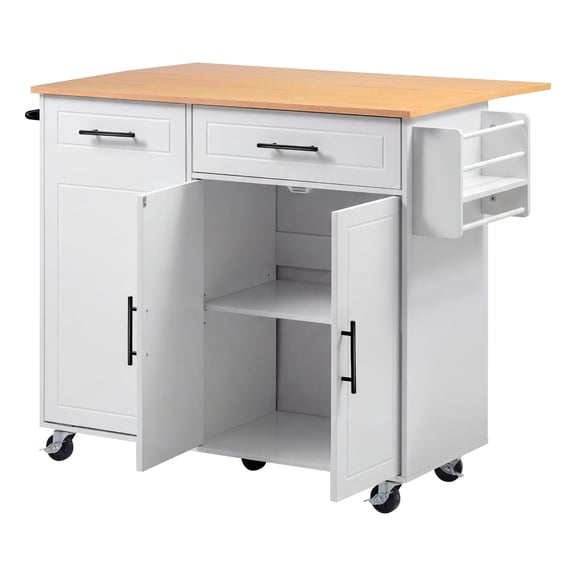 KFFKFF Kitchen Island Cart with Storage, 46.06 in Wide Rolling Storage Island on Swivel Wheels, Featuring Drawer, Cabinet, Drop Leaf, Spice/Towel Rack, Table for Dining Room or Kitchen, White
