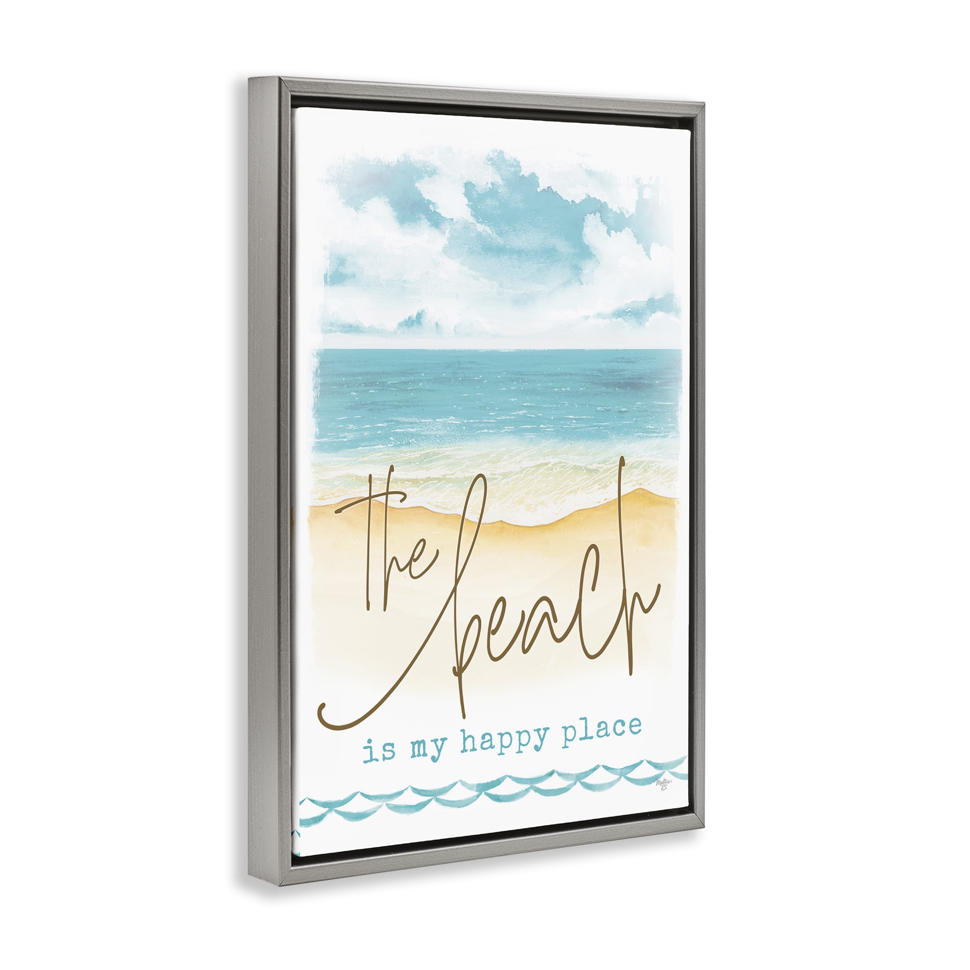 Stupell Industries Beach is Happy Place Text & Numbers Painting Gray Floater Framed Canvas Art Print Wall Art, 17 x 25
