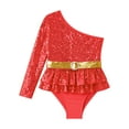 thumbnail image 3 of iEFiEL Kids Girls Single Long Sleeve Gymnastics Ballet Leotard Oblique Shoulder Shiny Sequins Jumpsuit Acrobatics Bodysuit A Red 10, 3 of 5